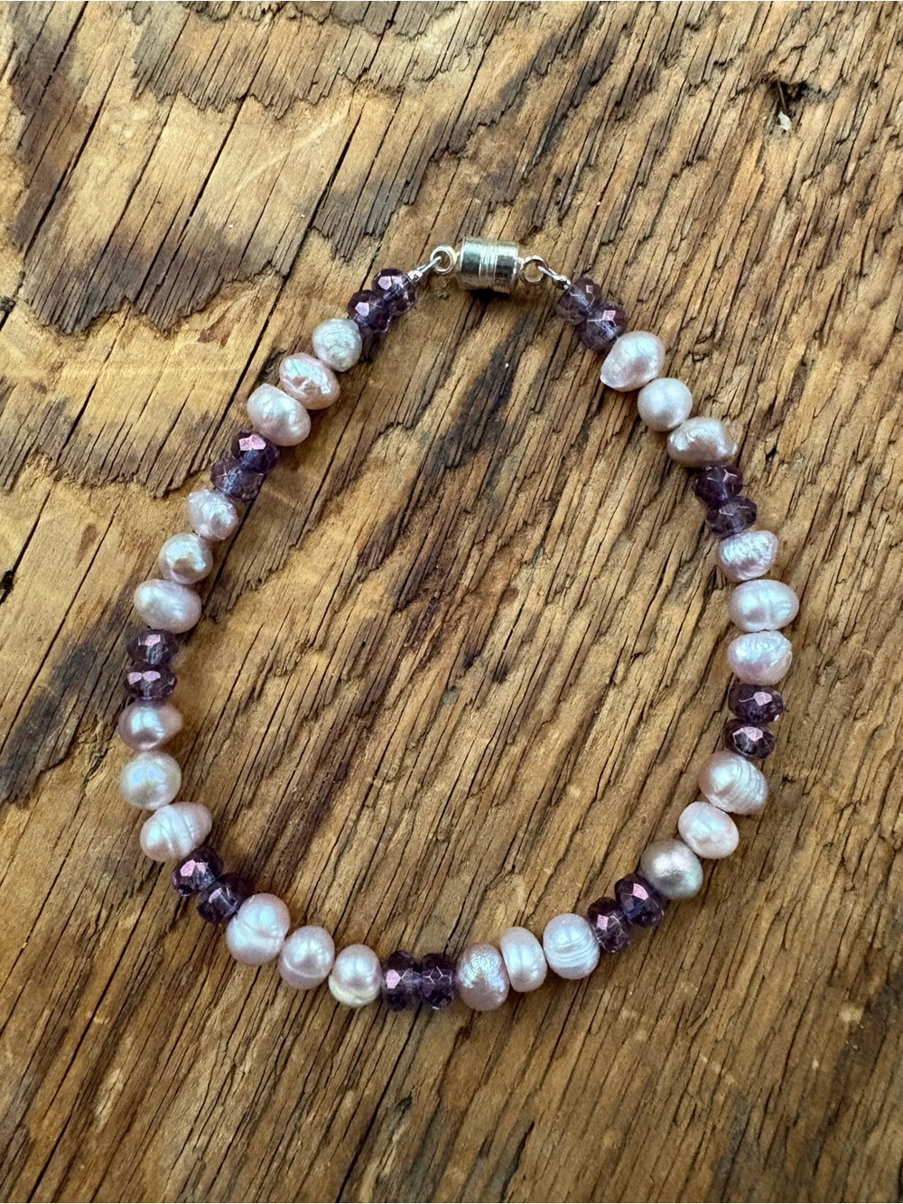 Pearl and Amethyst Beaded Bracelet - Purple/White Fits 6 1/2" wrist
